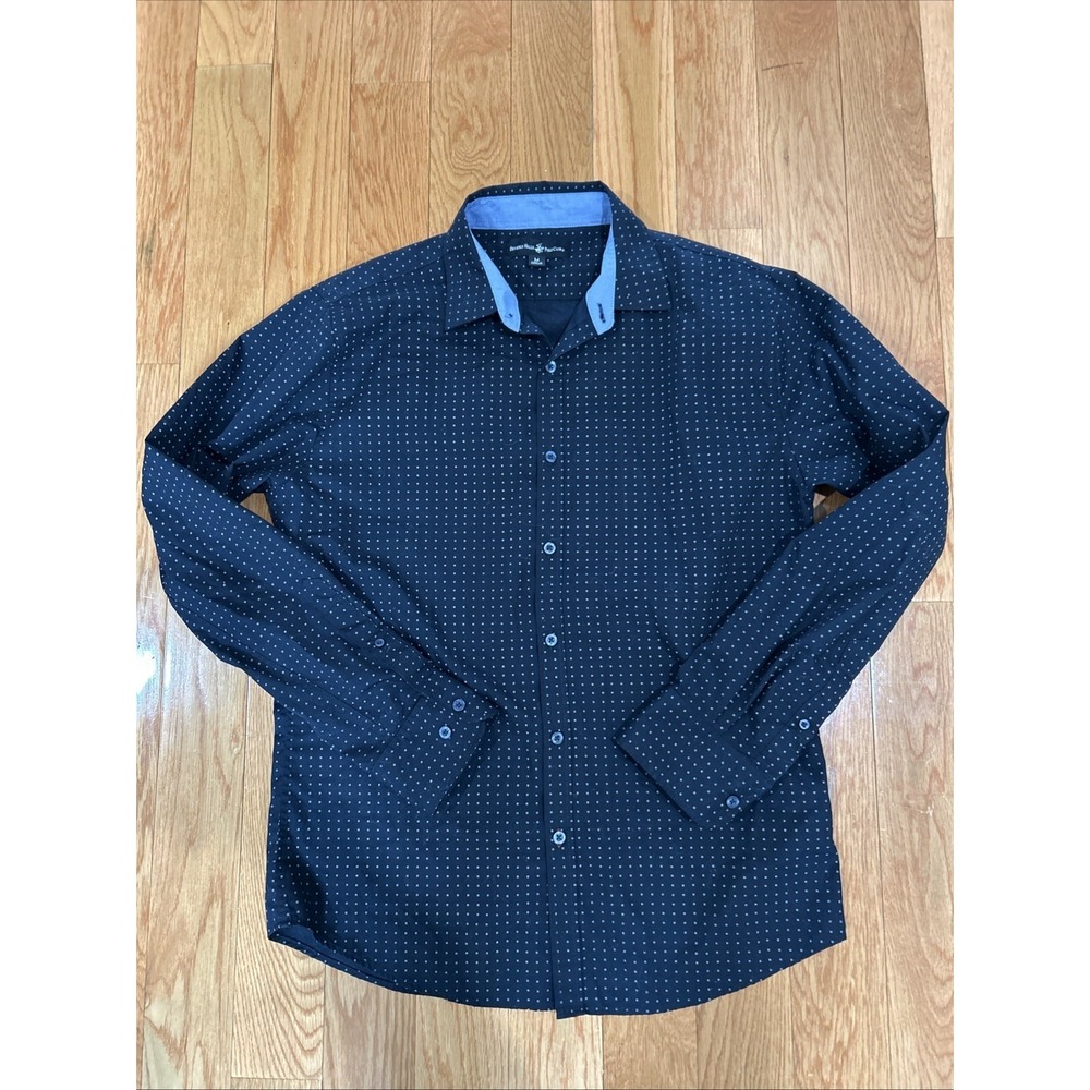 Beverly Hills Polo Club Men's Dress Shirt Medium Navy Polka Dot Button Up